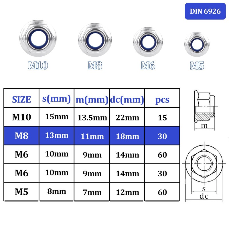 Mbsomnus M8 nut, 30 pieces flange nuts, M8 DIN 6926,