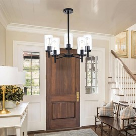 Wanluce 5-Light Contemporary Black Chandelier, Modern Industrial Dining Room Light Fixtures Over Table, Ceiling Hanging Kitchen Island Pendant Lighting Fixtures w/Clear Glass Shade for Entryway Foyer