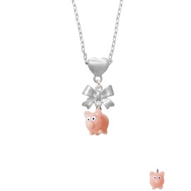 Delight Jewelry Resin Pink Pig Silvertone Bow Heart Necklace, 18+2" Extender