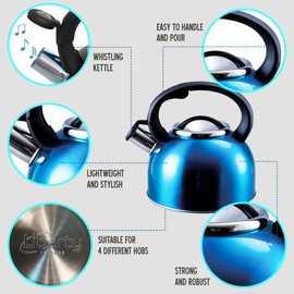 Liberty Leisure 2.5L Blue Whistling Kettle - Stainless Steel Camping Kettle for Gas Stove - Portable Kettle for Travel, Hiking, Caravan, Motorhome & Camping Essentials