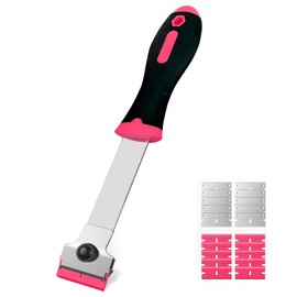 Razor Blade Scraper,Long Handle Razor Scraper with 10 Plastic and 10 Metal Blades - Perfect for Removing Labels, Stickers, Registration Stickers, and Grease from Windshields, Tint, and Glass (Pink)
