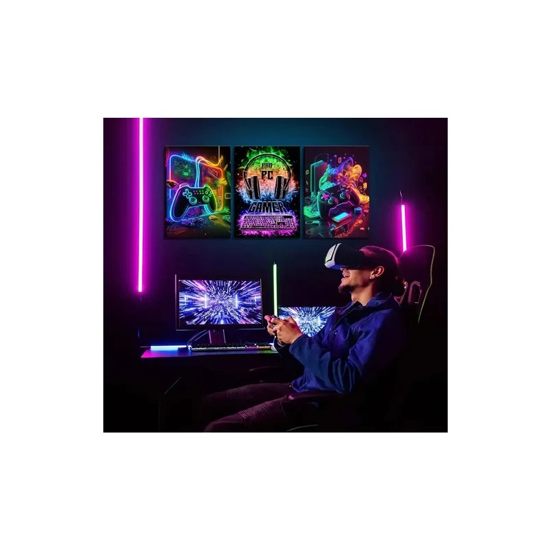 3 Cuadros Gamer Neon Videojuegos Habitacion Canvas Arte Gaming