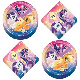 Home and Hoopla My Little Pony Party Supplies - My Little Pony & Friends Theme Birthday Party Round Paper Dessert Plates and Beverage Napkins (16 Plates and Napkins)