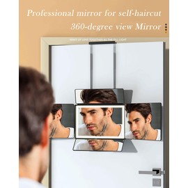 5 Way 360 Barber Mirror with Light for Self Hair Cutting, Makeup Mirror with Height Adjustment for Braiding, Styling & Dyeing