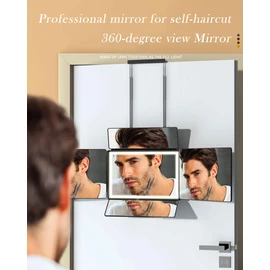 5 Way 360 Barber Mirror with Light for Self Hair Cutting, Makeup Mirror with Height Adjustment for Braiding, Styling & Dyeing
