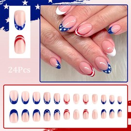 24 Pcs 4th of July Press on Nails Independence Day Fake Nails Short Almond Shape False Nails with Star Spangled Nail Art Design French Tip Acrylic Nails Press ons Full Cover Artificial Nails for Women