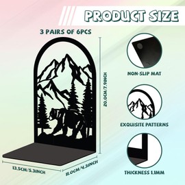 Peacoblue Mountain and Forest with Bear Metal Bookends for Shelves, 3 Pair of Modern Decorative Heavy Duty Study Book Support Stoppers for Office Desk Shelf Room 5.3"x4.3"x7.9" Cast Iron Bookends