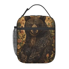 Cromcu Insulated Lunch Box for Adults - Bear Lunch Box for Work, Picnic, School, Travel, Hiking, Beach or Fishing - Polyester Bear Floral