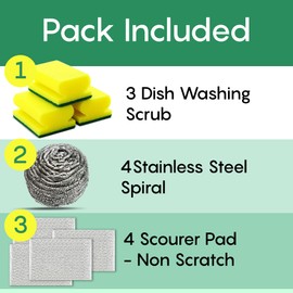 Homlix Scourer & Spounge Pack - Multi-Purpose Scourer & Sponge Cleaning Pack – 11-Piece Non-Scratch Pads, Heavy Duty Spiral Scourers & All Surface Sponges