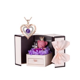 Preserved Pink Rose Moss Bear Gifts Set with Mom Necklace for Mom Wife Mothers Day Christmas Valentines Day Anniversary Romantic Gifts for Her