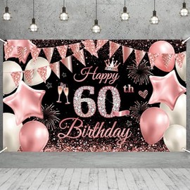 180 * 110cm Happy 60th Birthday Banner Women Men,Black Rose 60th Birthday Decorations Backdrop Fabric 60th Birthday Sign Poster Birthday Photo Background for Her Him 60 Birthday Anniversary Party