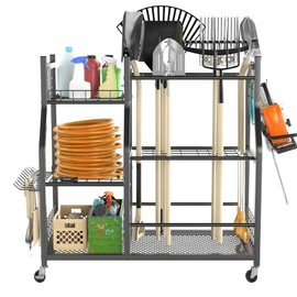 TORACK Garden Tool Organizer with Wheels, Rakes Shovels Yard Tools Stand for Garage, Shed, Garden, Indoor/Outdoor Long-Handled Tools Cart