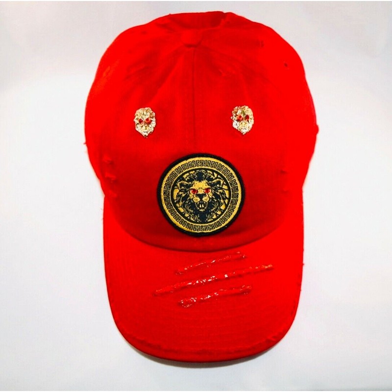 Damier Langevinè® Designer Trendy Distressed Fire Red Baseball Cap Lion