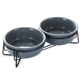 GDCZ Ceramics Raised Cat Small Dog Bowls with Heighten Metal Stand for Pet Food and Water Dishes, 15 Ounces (Grey)