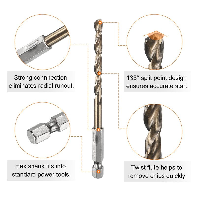 sourcing map 5pcs 1/4" Hex Shank Drill Bit 3/16" Gold