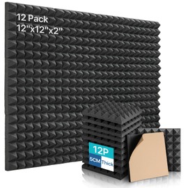 Sound Proof Foam Panels For Walls, Kuchoow Soundproof Wall Panels, 12 Pack Acoustic Foam Self-Adhesive, Acoustic Panels High Density, 12 X 12 X 2 inches Pyramid Shaped Black