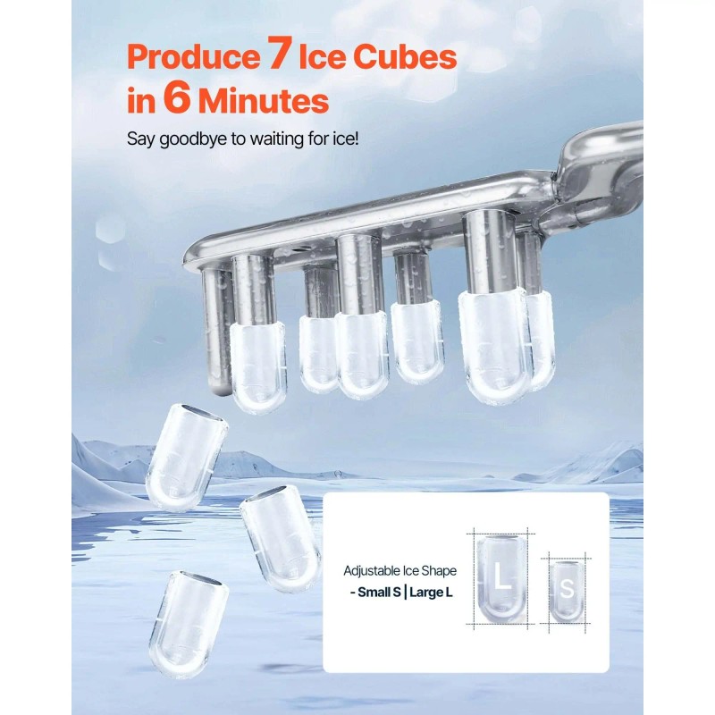 Portable Countertop Ice Maker 7-Cube Self-Cleaning Machine 26 Lbs/DAY 6-Min