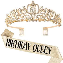 DRESHOW Birthday Crown and Sash for Women Birthday Queen Sash & Rhinestone Tiara Set Birthday Tiaras and Sashes for Girls Birthday Decorations Hair Accessories Glitter Sash for Party