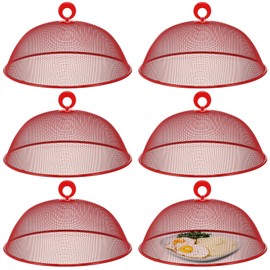 Gerrii 6 Pcs Metal Mesh Food Cover Outdoor Mesh Food Tents Dome Screen Plate Covers for Dinner Plates Reusable Fruit Fly Nets Picnic Food Umbrella for Table, BBQ, Camping, Party (Red,11 Inch)
