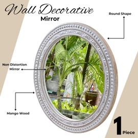 Bedding Craft 24 Inch Wooden Wall Mirror Decorative Farmhouse Boho Circle with Beaded Frame Rustic for Bedroom Bathroom Livingroom_White Wash Antique