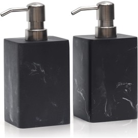 2Pcs 15Oz Black Marble Style Resin Soap Dispenser Set, Refillable Hand Soap Dispenser for Bathroom Countertop & Kitchen Home Decor- Black