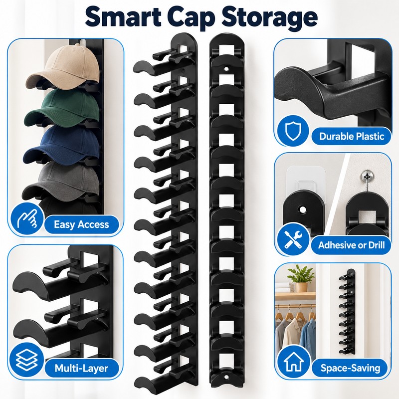 Wall-Mounted Baseball Cap Organizer for Hat Storage – Multi-Layer ABS