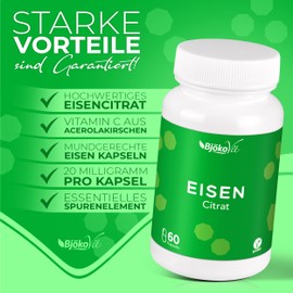Iron Capsules by BjökoVit | High Dose & Vegan | High Bioavailability thanks to Citrate Form | 20-40mg Pure Iron per Daily Dose