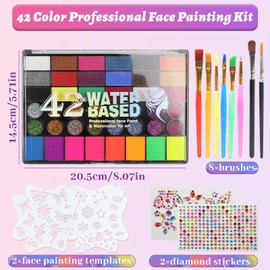 Realjoy Children's Make-Up Set, 42 Colours Face Paints, Children's Make-Up with 8 Brushes, 2 Stencils, 2 Stickers, Safe, Non-Toxic and Washable, Halloween, Christmas, Fancy Dress Make-Up Face Paint