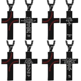 Siifert 12 Pcs Baseball Cross Necklace for Men, Stainless Steel Cross Pendant Chain 24 Inches, Inspirational Bible Verse Quote Religious Gift Baseball Team Gift
