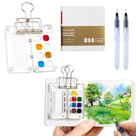 Wbgraceful Acrylic Mini Paint Palette Set, 8 Grids Pocket Watercolor Palette Portable Sketchbook Palette Mini Travel Paint Palette with Watercolor Notebook Painting Pens Clip for Watercolor Painting