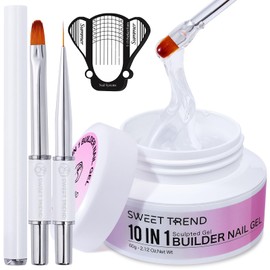Clear Builder Gel for Nails: Sweet Trend 10 in 1 Hard Gel Scuplted Kit - 60g LED/UV Strengthen Nail Art for Base Rhinestone 3D Extension Sculpting Overlay Tips - Manicure Set with Forms & Brushes