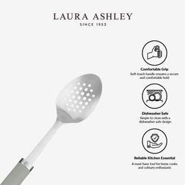 Laura Ashley 13-Inch Stainless Steel Slotted Spoon - Dishwasher Safe Large Serving Spoon with Ergonomic Soft-Touch Handle, Elegant Design for Efficient Draining and Easy Cleanup - Sage Leaf