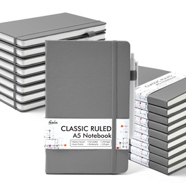 feela 18 Pack Journal Notebook for Work, Business Notebook Bulk Hardcover Lined Writing Journal with Pen Holder for Men Women Note Taking, with 18 Black Pens, 120 GSM, 5.1”x8.3”, A5, Gray