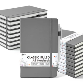 feela 18 Pack Journal Notebook for Work, Business Notebook Bulk Hardcover Lined Writing Journal with Pen Holder for Men Women Note Taking, with 18 Black Pens, 120 GSM, 5.1”x8.3”, A5, Gray
