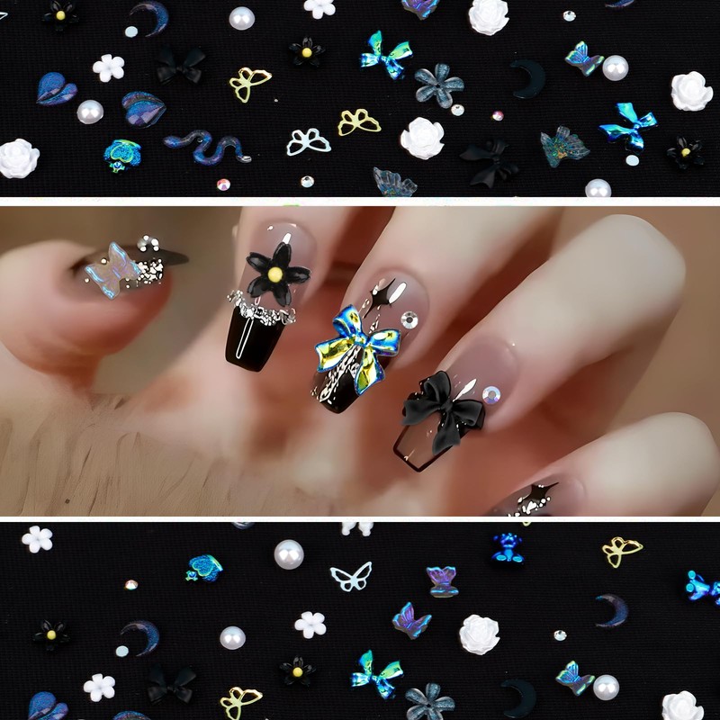 Hotalisona Nail Charms and Gems Black Flower Bows 3D Nail