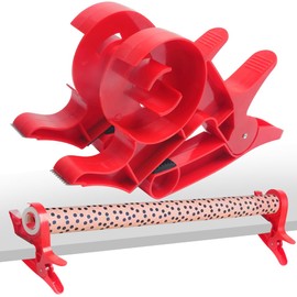 HTHL Wrapping Paper Cutter, 1 Pair Tabletop Gift Wrapping Tool, Gift Wrap Holder Clamp Solution with Tape Dispenser for Birthdays Christmas Gifts Packaging(Red)