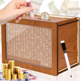 Meetory Money Saving Box, Plus Size 10000 Saving Challenge Box Reusable Kakeibo Money Box with 10k Saving Goal Cash Vault Wooden Savings Box for Adults Kids Boy Girls (10000 Pounds, Brown)