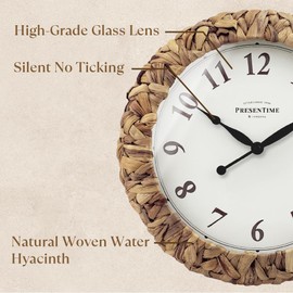 Presentime & Co. Farmhouse Series, Rustic Woven Clock, 14 inch, Natural Woven Water Hyacinth/Sea Grass. Wall Sculpture, Wall Art and Timepiece for Home Decoration/Decoration/Farmhouse Décor