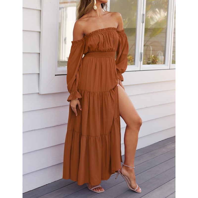 ZESICA Women's 2025 Boho Sexy Off Shoulder Long Sleeve Smocked