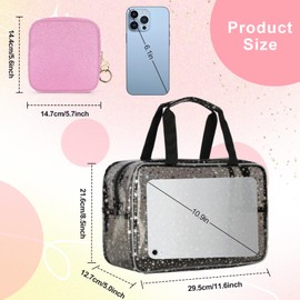 Playexen Clear Makeup Bags, Clear Travel Toiletry Bag with Extra Small Glitter Cosmetic Bag, Waterproof Essential Organizer Pouch for Sports Travel Beach (Stars-Pink)