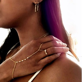 Faire de la Mode Silver CZ Diamond Ring Bracelet Hand Chain, Silver Finger Bracelet, Silver Hand Jewelry Accessories for Women, 6" to 8" adjustable wrist length (Rhodium, 5 Diamond)