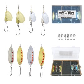 Fish Rig Large Premium Spinners and Spoons - 8 Barbless Fishing Lures Set. Steel Sharp hooks-Quick Single/Treble Hook Change-Tackle Box