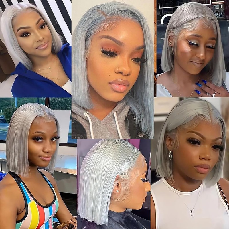 FJsuprise 16 Inch Long Grey Bob Wigs Human Hair Straight