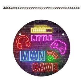 1-piece set of electric syllables with chain disc ornaments,Little Man Cave Sign Exclusive Gaming-Themed Wood Door Plaque – Vibrant Neon Lighted Wall Décor for Kids’ Bedrooms, Playrooms & Living Spac