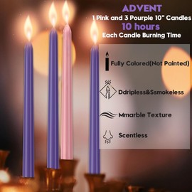 4 Pack Advent Taper Candles Set, 10-Inch Premium Hand-Dipped Unscented Christmas Advent Candles - Perfect for Holidays, Seasonal Celebrations, Church Services, and Parties.