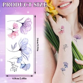 8 Blätter Blumen Temporäre Tattoos Aufkleber, Wasserfeste Fake Tattoos Aufkleber Auf Die für Mädchen Erwachsene Aquarell Blumenblätter Klebetattoos Realistische Bunt Flower Haut Tattoo