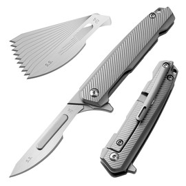 T036 Folding scalpel knife, 2.9'' Titanium alloy handle, with 10pcs #24 Stainless Steel Blade, Outdoor EDC for Unpacking 1.3oz