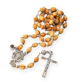 Nazareth Store Olive Wood Rosary Beads Prayer Necklace Projecting Our Father with Miraculous Medal and Jesus Cross