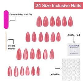 Press on Nails Medium Almond SWEKKE Pink Fake Nails False Nails with Designs Shimmer Full Cover Solid Colour Glossy Glue on Nails Stick on Nails for Women Girls 24 Pcs
