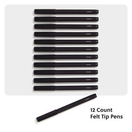 U Brands Midnight Catalina Felt Tip Pens, Set of 12, Soft Touch With Black Metal Details, Medium (0.7 mm) Point, Black Ink